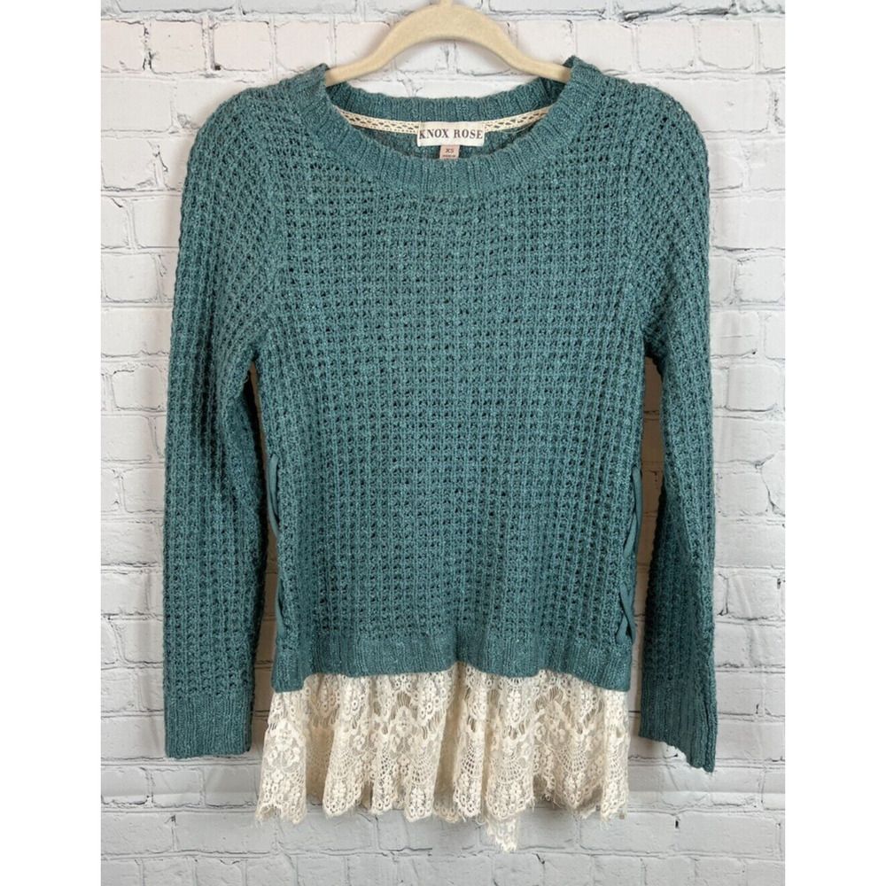 KNOX ROSE green blue teal lace up sides knit lace buttom pullover sweater XS